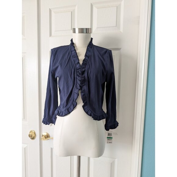 Charter Club Womens Navy Blue Ruffled Cotton Cropped Bolero Cardigan Lg( True 8) - Picture 1 of 8